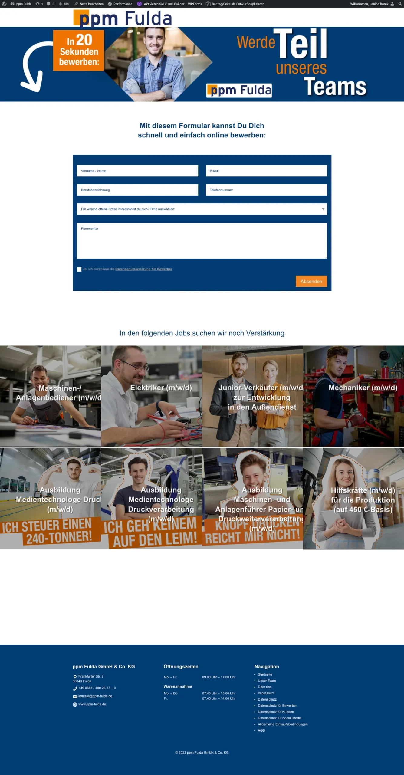 Recruiting-Landingpage von ppm Fulda mit Bewerbungsformular
