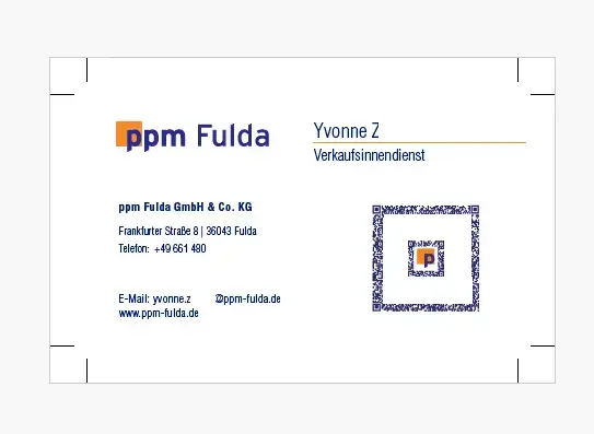 Visitenkarte von ppm Fulda, personenbezogene Angaben unkenntlich gemacht